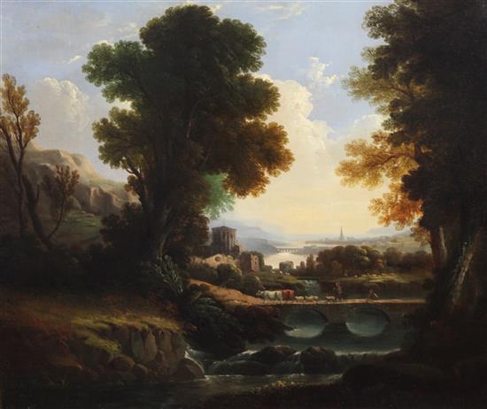 Early 19th century English School River landscape with cattle drover on a bridge 20 x 24in., unframed